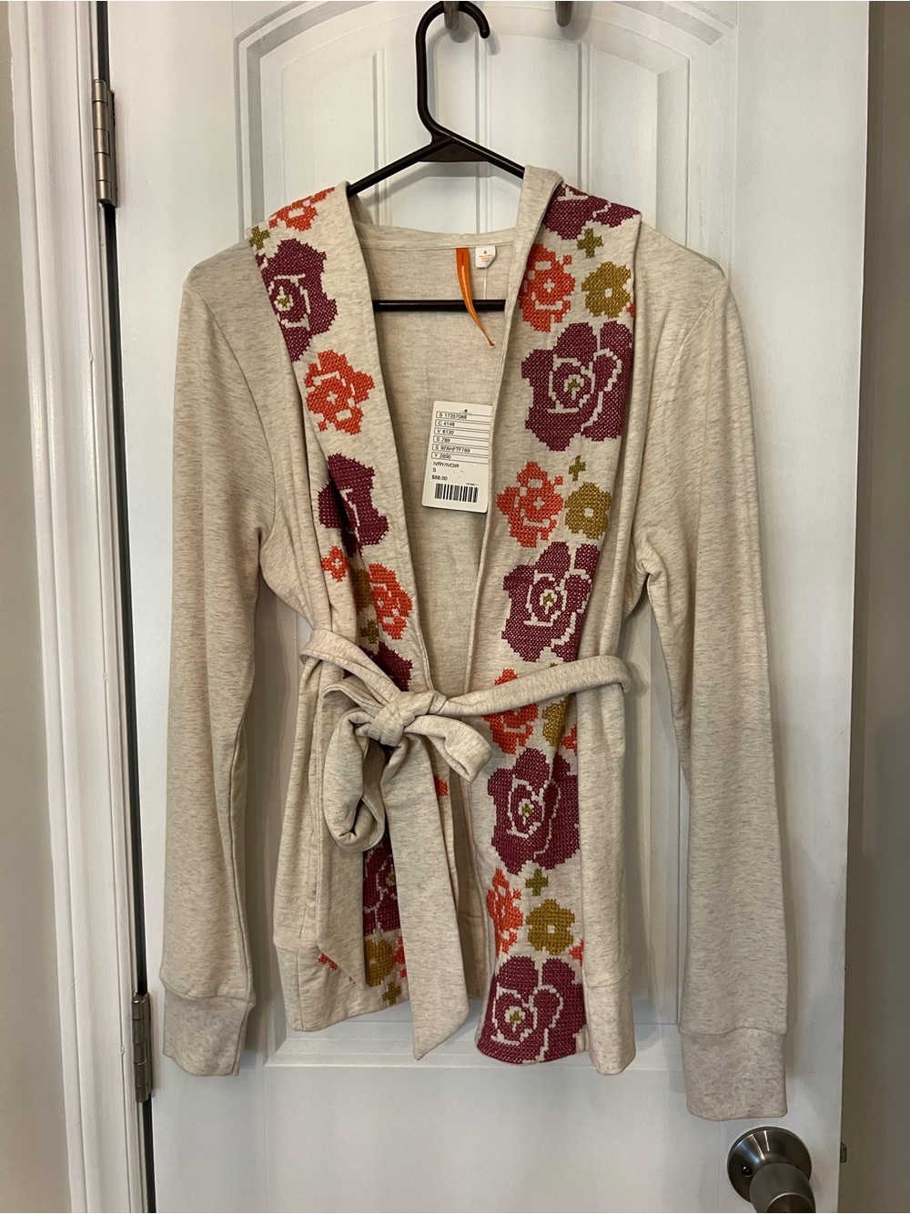 NWT Anthropologie Floral Trim Tie-Waist Cardigan Sweater with hood